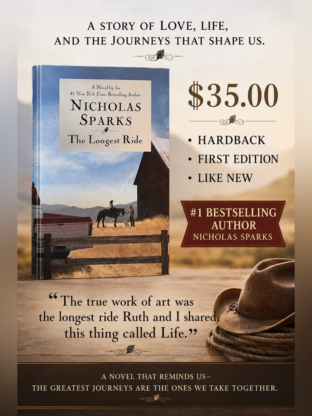 LIKE NEW FIRST EDITION Nicholas Sparks "The Longest Ride" Hardcover